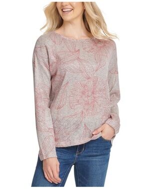 New DKNY Floral Knit Top Long Sleeve Waffle Abstract Size XL